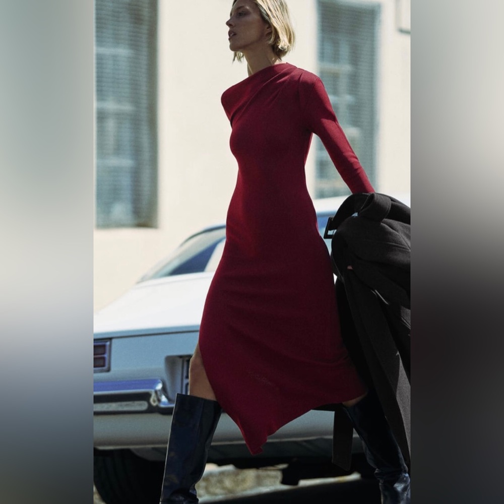 Zara Asymmetrical Dress Red Burgundy Maroon Medium NWT Sold Out